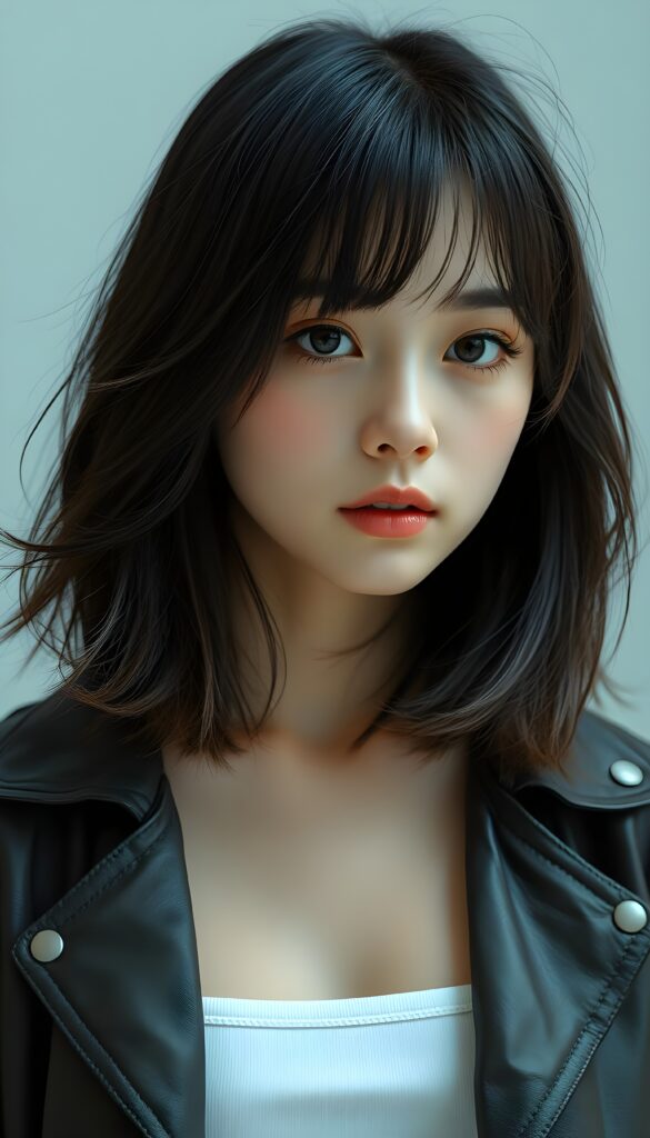 a (((vividly portrait))), capturing a young teen girl with shoulder long, flowing (((straight bob cut hair))), her eyes sparkling and her skin radiant, wearing comfortable clothes, perfect curved body, embodying flawless beauty, full lips, ((angelic round face)) ((super realistic photo)) ((stunning)) ((gorgeous)) ((white background)) ((upper body)) 4k, She is wearing an open leather jacket. Underneath, she has a white tube top.