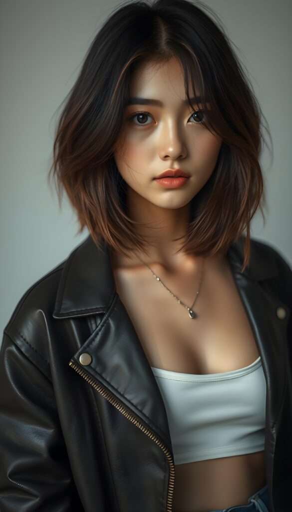 a (((vividly portrait))), capturing a young teen girl with shoulder long, flowing (((straight bob cut hair))), her eyes sparkling and her skin radiant, wearing comfortable clothes, perfect curved body, embodying flawless beauty, full lips, ((angelic round face)) ((super realistic photo)) ((stunning)) ((gorgeous)) ((white background)) ((upper body)) 4k, She is wearing an open leather jacket. Underneath, she has a white tube top.