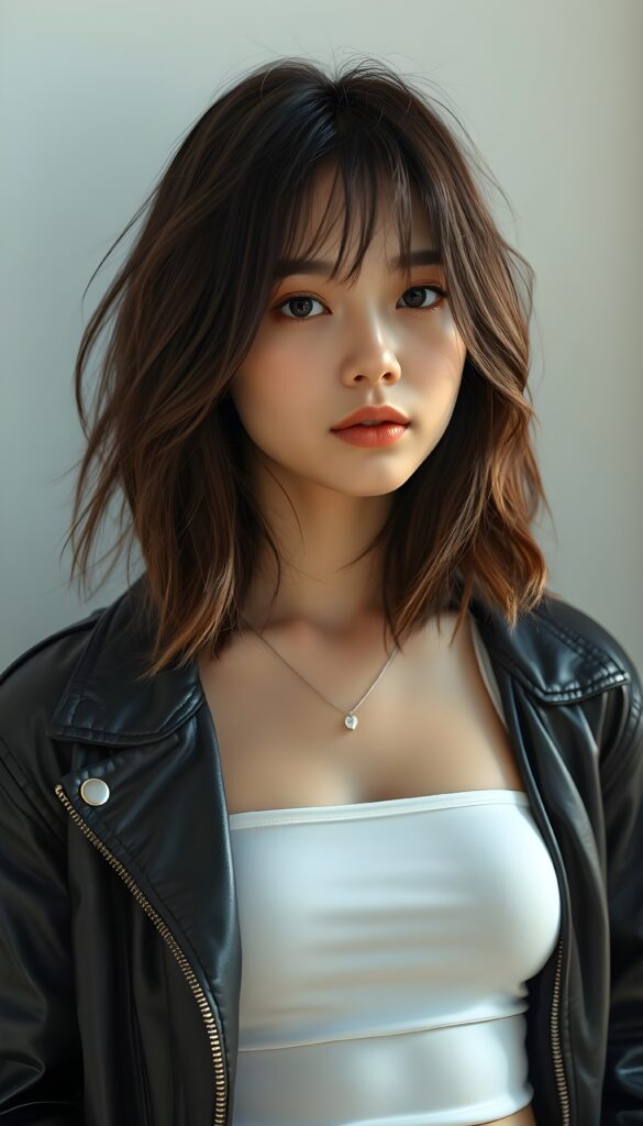 a (((vividly portrait))), capturing a young teen girl with shoulder long, flowing (((straight bob cut hair))), her eyes sparkling and her skin radiant, wearing comfortable clothes, perfect curved body, embodying flawless beauty, full lips, ((angelic round face)) ((super realistic photo)) ((stunning)) ((gorgeous)) ((white background)) ((upper body)) 4k, She is wearing an open leather jacket. Underneath, she has a white tube top.