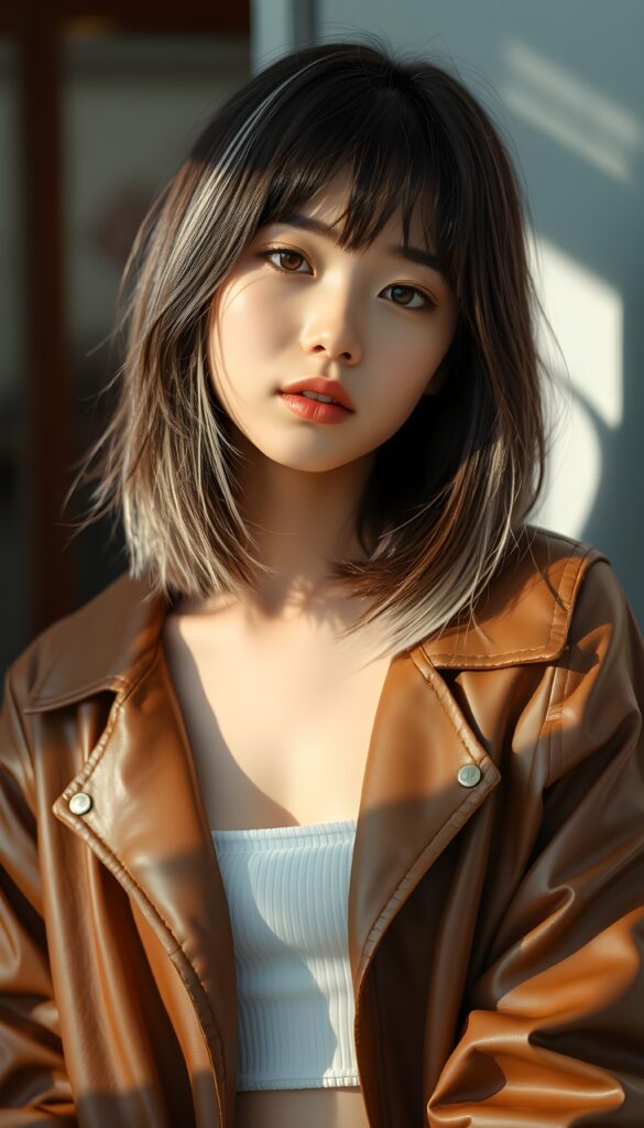 a (((vividly portrait))), capturing a young Japanese teen girl with shoulder long, (((straight bob cut hair))), brown hair with white highlights, her eyes sparkling and her skin radiant, wearing comfortable clothes, perfect curved body, embodying flawless beauty, full lips, ((angelic round face)) ((super realistic photo)) ((stunning)) ((gorgeous)) ((white background)) ((upper body)) 4k, She is wearing an open leather jacket. Underneath, she has a white tube top.