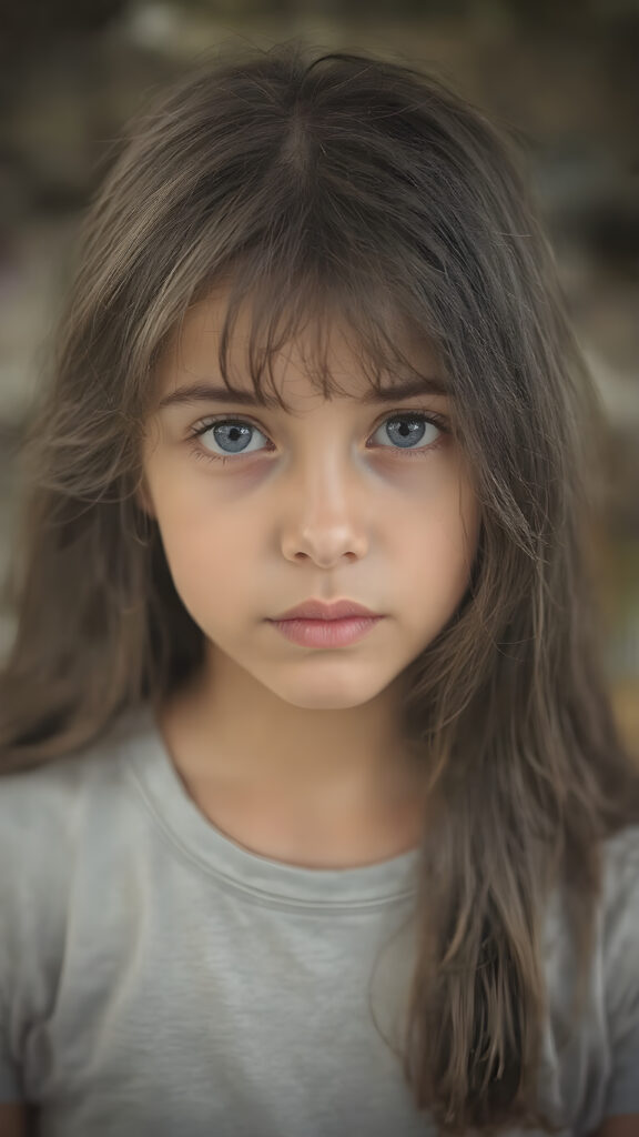 (a vividly stunning (((full body portrait))), with intricate details and exquisite coloring, capturing a ((beautiful young girl)) with long, wavy black hair framing her delicate face, the hair has exact the same length left and right, dressed in a light grey t-shirt, (((pale skin))), and (((light brown skin))), which complements the ((cool, realistic blue eyes)) that exude a sense of realism. Her face is beautifully drawn with the highest level of detail and attention to detail, reflecting an extremely high standard of artistry, hyper realistic, natural beauty
