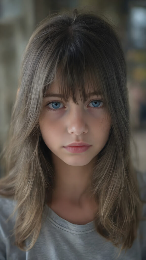 (a vividly stunning (((full body portrait))), with intricate details and exquisite coloring, capturing a ((beautiful young girl)) with long, wavy black hair framing her delicate face, the hair has exact the same length left and right, dressed in a light grey t-shirt, (((pale skin))), and (((light brown skin))), which complements the ((cool, realistic blue eyes)) that exude a sense of realism. Her face is beautifully drawn with the highest level of detail and attention to detail, reflecting an extremely high standard of artistry, hyper realistic, natural beauty