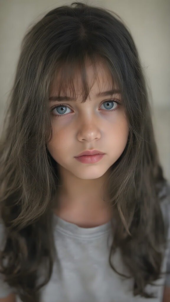 (a vividly stunning (((full body portrait))), with intricate details and exquisite coloring, capturing a ((beautiful young girl)) with long, wavy black hair framing her delicate face, the hair has exact the same length left and right, dressed in a light grey t-shirt, (((pale skin))), and (((light brown skin))), which complements the ((cool, realistic blue eyes)) that exude a sense of realism. Her face is beautifully drawn with the highest level of detail and attention to detail, reflecting an extremely high standard of artistry, hyper realistic, natural beauty