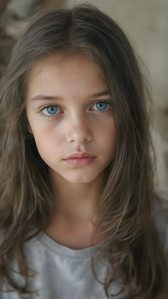 (a vividly stunning (((full body portrait))), with intricate details and exquisite coloring, capturing a ((beautiful young girl)) with long, wavy black hair framing her delicate face, the hair has exact the same length left and right, dressed in a light grey t-shirt, (((pale skin))), and (((light brown skin))), which complements the ((cool, realistic blue eyes)) that exude a sense of realism. Her face is beautifully drawn with the highest level of detail and attention to detail, reflecting an extremely high standard of artistry, hyper realistic, natural beauty