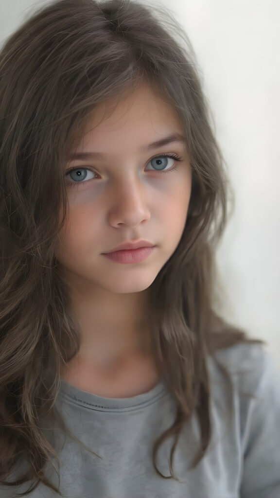 (a vividly stunning (((full body portrait))), with intricate details and exquisite coloring, capturing a ((beautiful young girl)) with long, wavy black hair framing her delicate face, the hair has exact the same length left and right, dressed in a light grey t-shirt, (((pale skin))), and (((light brown skin))), which complements the ((cool, realistic blue eyes)) that exude a sense of realism. Her face is beautifully drawn with the highest level of detail and attention to detail, reflecting an extremely high standard of artistry, hyper realistic, natural beauty