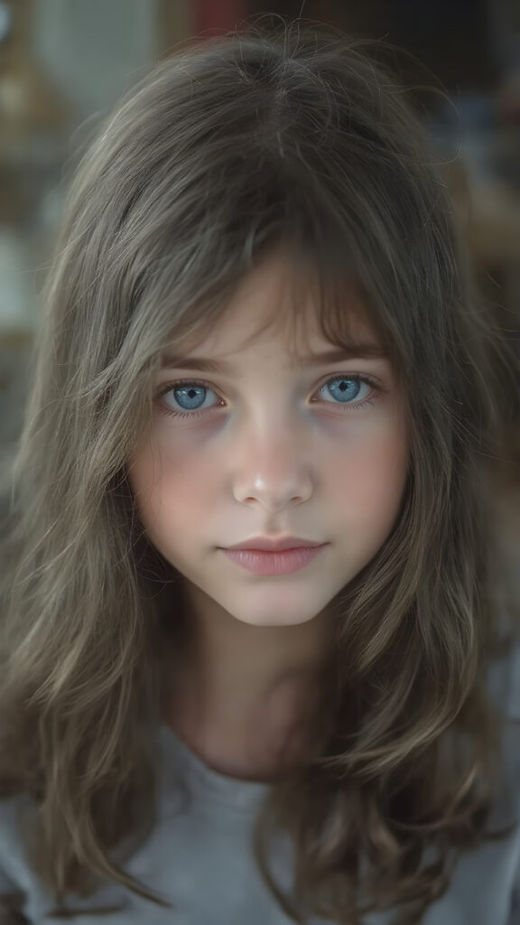 (a vividly stunning (((full body portrait))), with intricate details and exquisite coloring, capturing a ((beautiful young girl)) with long, wavy black hair framing her delicate face, the hair has exact the same length left and right, dressed in a light grey t-shirt, (((pale skin))), and (((light brown skin))), which complements the ((cool, realistic blue eyes)) that exude a sense of realism. Her face is beautifully drawn with the highest level of detail and attention to detail, reflecting an extremely high standard of artistry, hyper realistic, natural beauty