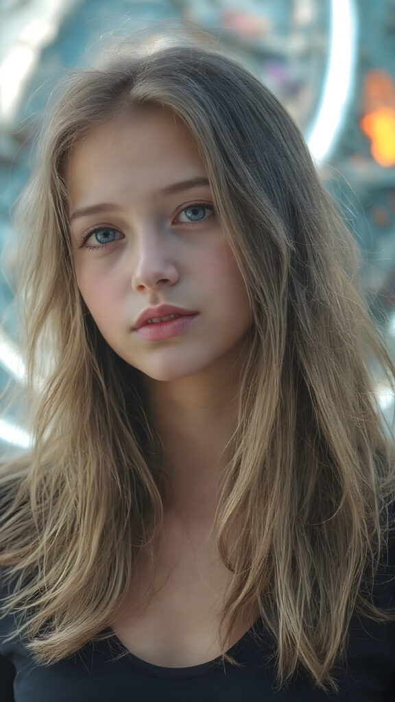 a (((vividly young girl))) with long, flowing hair that mimics the swirling patterns of the (future), dressed in a sleek, ((high-tech outfit)) that blends seamlessly with the futuristic backdrop, painted in a warm, (softly glowing) natural light, creating a fantastically detailed portrait that captures the essence of a (timeless teen from the future) with a (hyper-realistic, detailed face) that exudes an ethereal beauty, full-body visual feast that transports viewers to a whole new realm of the (future of the past)