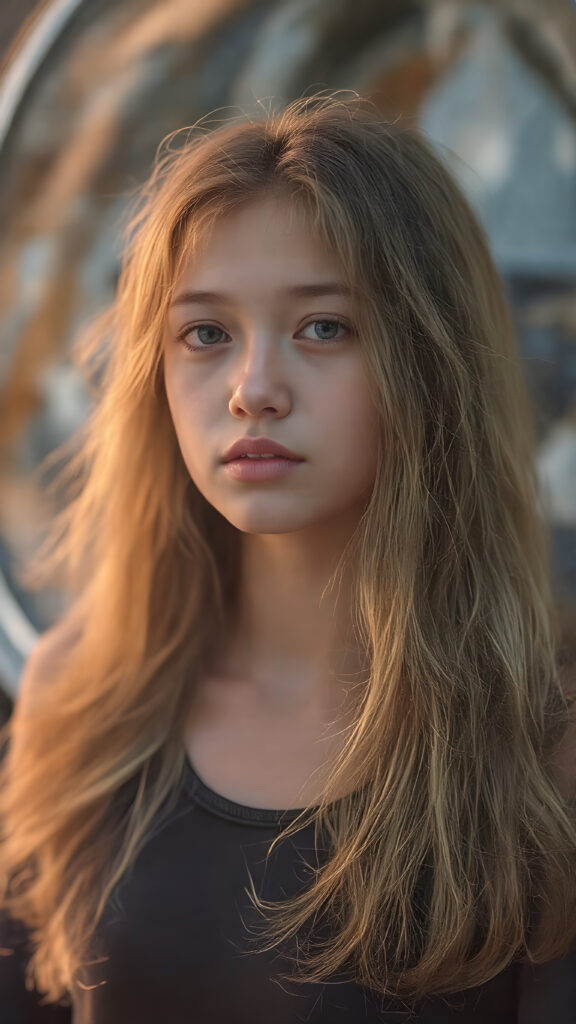 a (((vividly young girl))) with long, flowing hair that mimics the swirling patterns of the (future), dressed in a sleek, ((high-tech outfit)) that blends seamlessly with the futuristic backdrop, painted in a warm, (softly glowing) natural light, creating a fantastically detailed portrait that captures the essence of a (timeless teen from the future) with a (hyper-realistic, detailed face) that exudes an ethereal beauty, full-body visual feast that transports viewers to a whole new realm of the (future of the past)