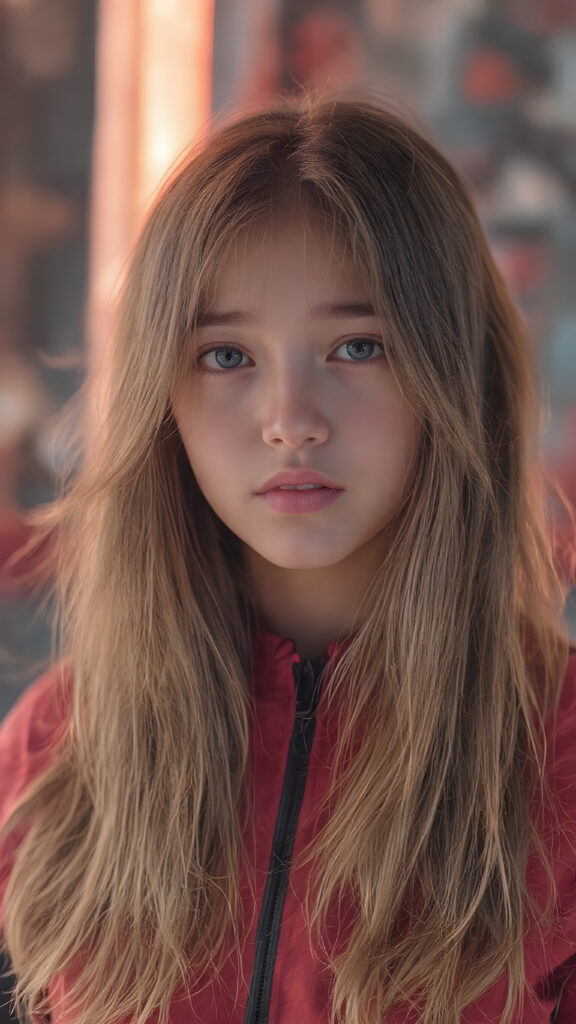 a (((vividly young girl))) with long, flowing hair that mimics the swirling patterns of the (future), dressed in a sleek, ((high-tech outfit)) that blends seamlessly with the futuristic backdrop, painted in a warm, (softly glowing) natural light, creating a fantastically detailed portrait that captures the essence of a (timeless teen from the future) with a (hyper-realistic, detailed face) that exudes an ethereal beauty, full-body visual feast that transports viewers to a whole new realm of the (future of the past)