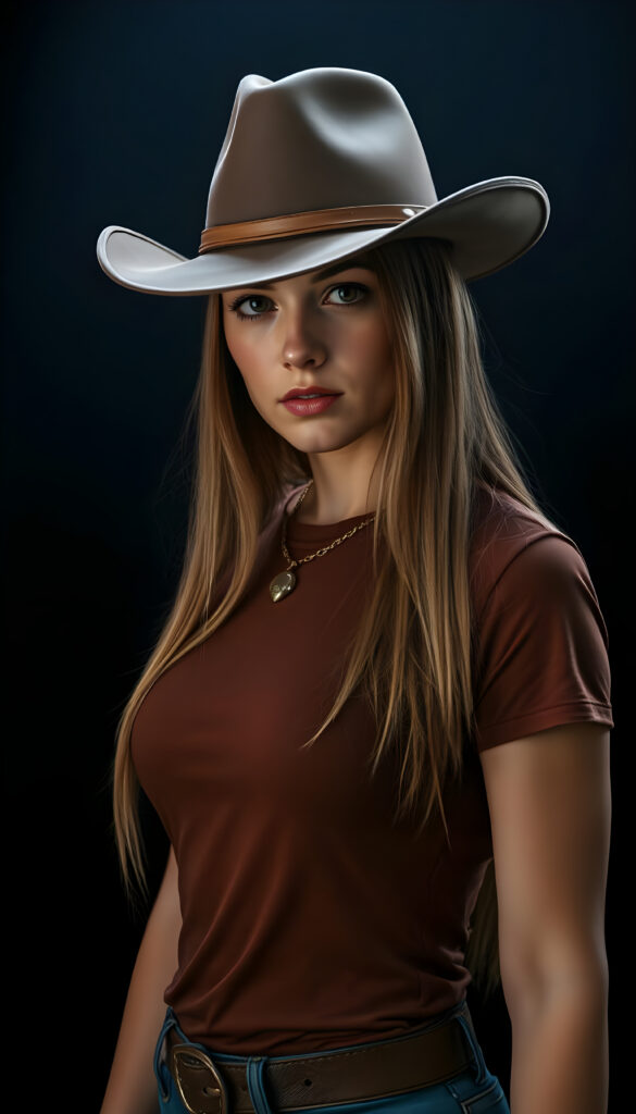 a well busty Cowgirl dressed in a brown thin t-shirt, brown leather hat, against a black background, shoulder long straight blond hair with brown highlights, perfect curved female body