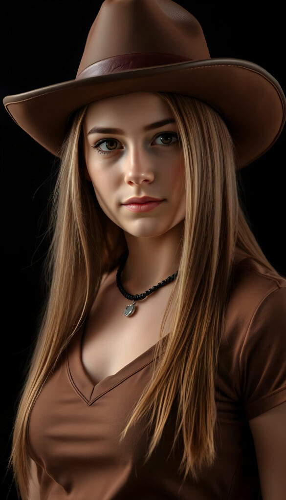 a Cowgirl dressed in a brown thin t-shirt, deep v-neck, brown leather hat, against a black background, shoulder long straight blond hair with brown highlights, perfect curved female body