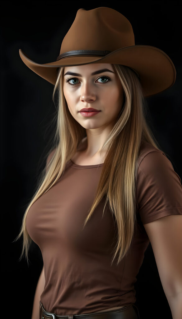 a well busty Cowgirl dressed in a brown thin t-shirt, brown leather hat, against a black background, shoulder long straight blond hair with brown highlights, perfect curved female body