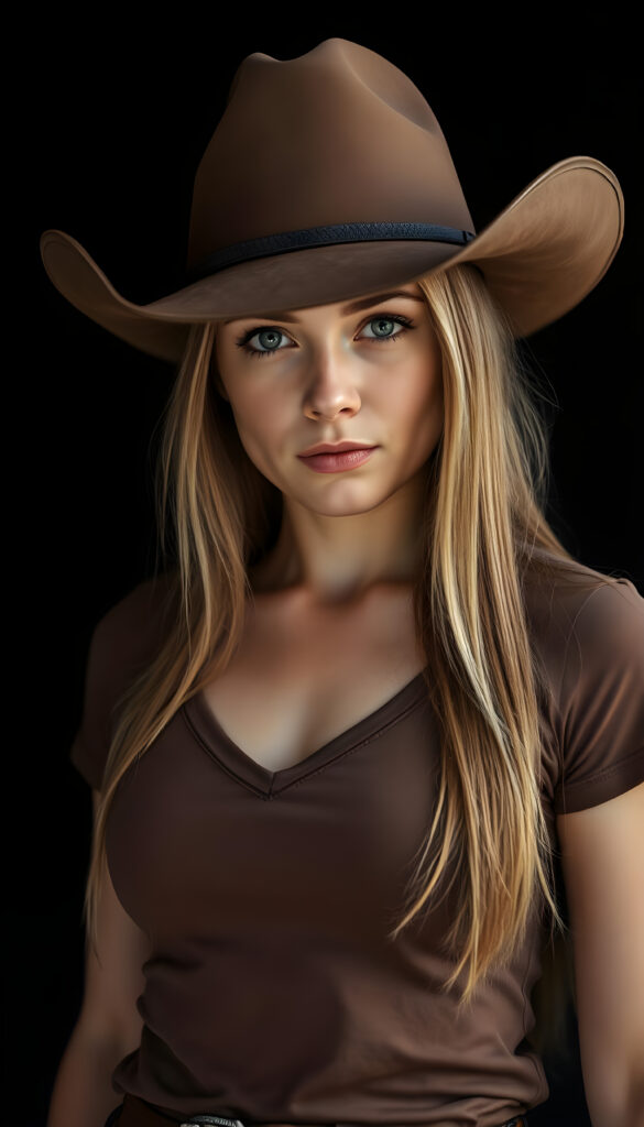 a Cowgirl dressed in a brown thin t-shirt, deep v-neck, brown leather hat, against a black background, shoulder long straight blond hair with brown highlights, perfect curved female body