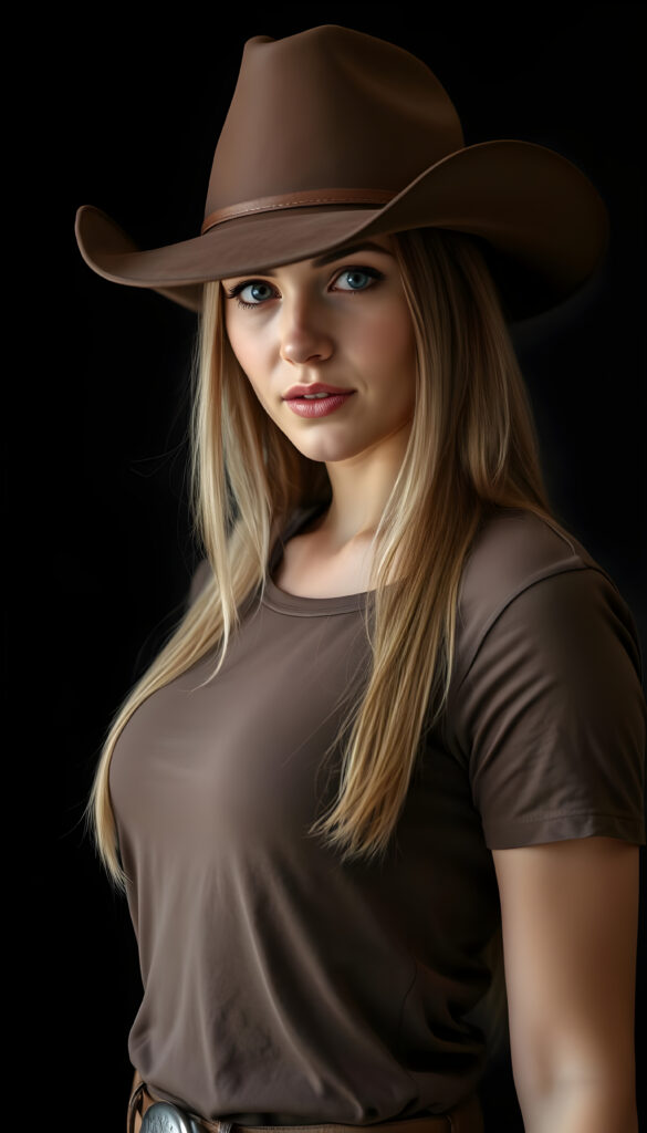 a well busty Cowgirl dressed in a brown thin t-shirt, brown leather hat, against a black background, shoulder long straight blond hair with brown highlights, perfect curved female body