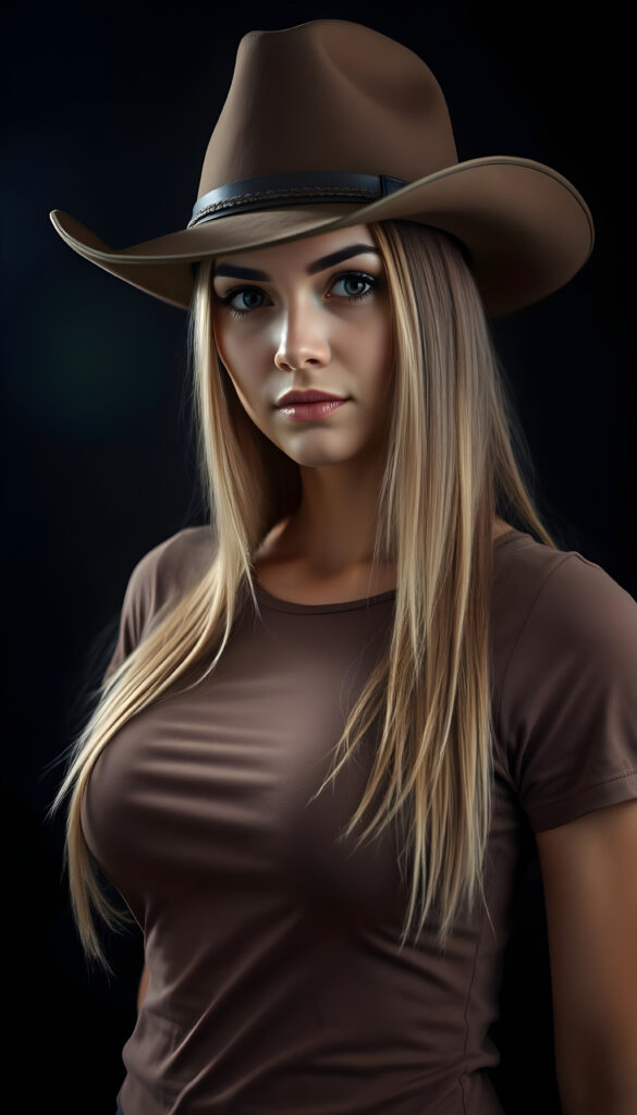 a well busty Cowgirl dressed in a brown thin t-shirt, brown leather hat, against a black background, shoulder long straight blond hair with brown highlights, perfect curved female body