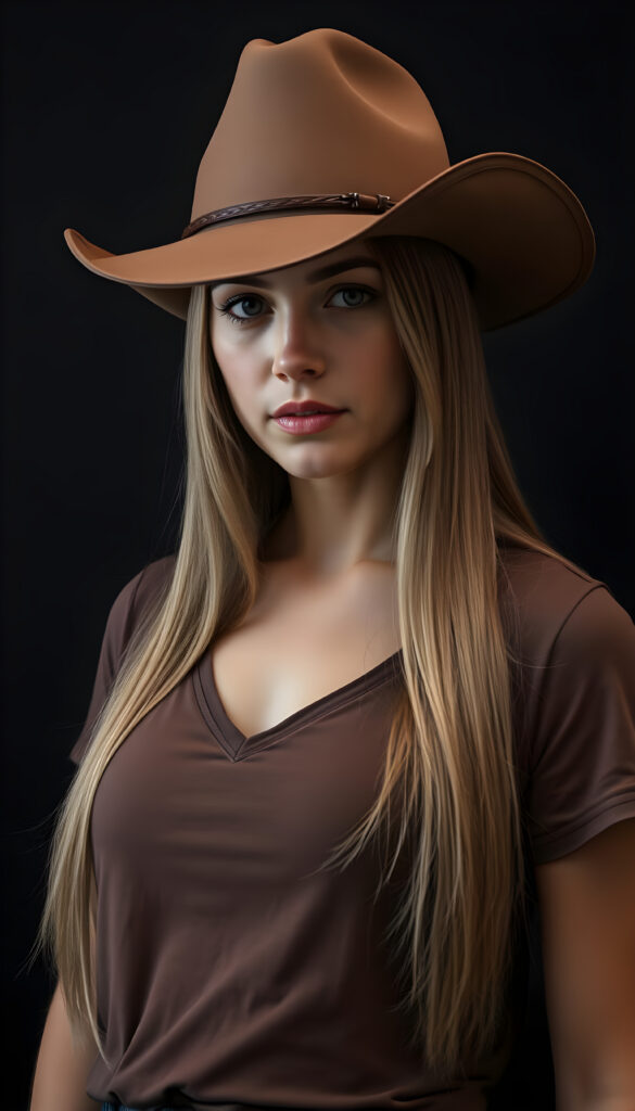 a Cowgirl dressed in a brown thin t-shirt, deep v-neck, brown leather hat, against a black background, shoulder long straight blond hair with brown highlights, perfect curved female body