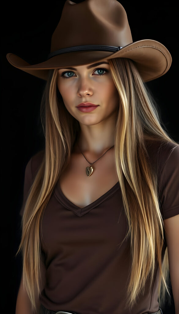 a Cowgirl dressed in a brown thin t-shirt, deep v-neck, brown leather hat, against a black background, shoulder long straight blond hair with brown highlights, perfect curved female body