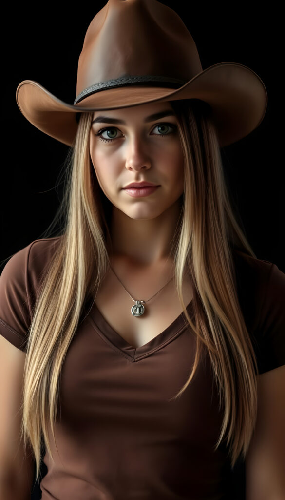 a Cowgirl dressed in a brown thin t-shirt, deep v-neck, brown leather hat, against a black background, shoulder long straight blond hair with brown highlights, perfect curved female body