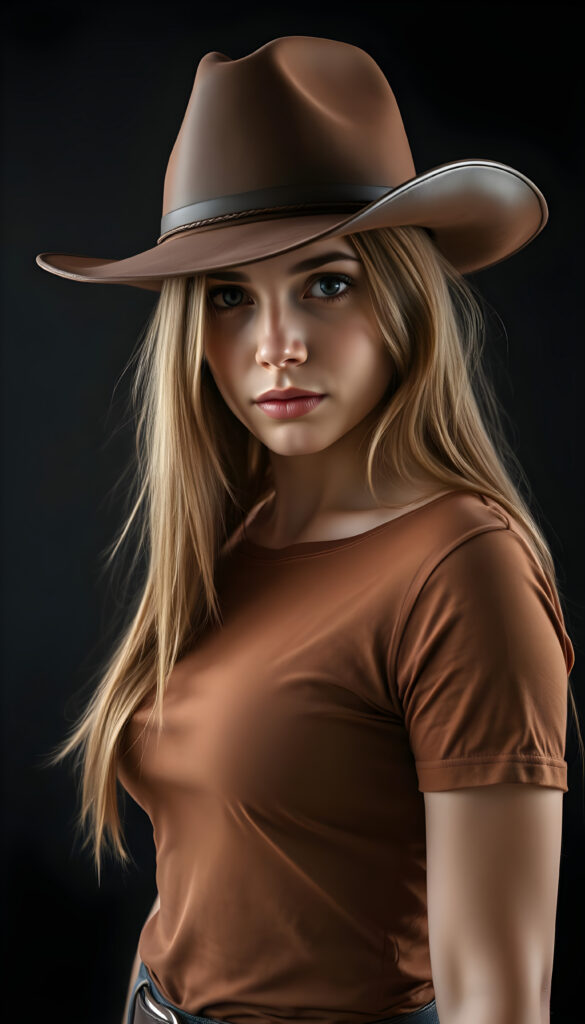 a well busty Cowgirl dressed in a brown thin t-shirt, brown leather hat, against a black background, shoulder long straight blond hair with brown highlights, perfect curved female body