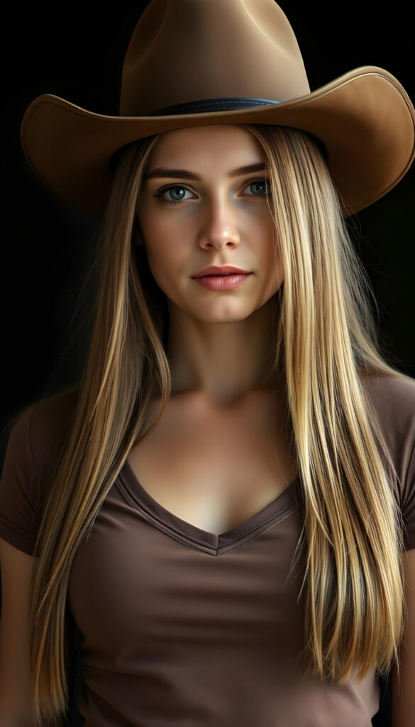a Cowgirl dressed in a brown thin t-shirt, deep v-neck, brown leather hat, against a black background, shoulder long straight blond hair with brown highlights, perfect curved female body