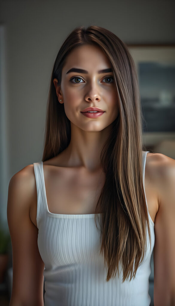 a well busty woman in a plain white push up tank top made of fine wool, deep neck, long straight brown hair, apartment in backdrop