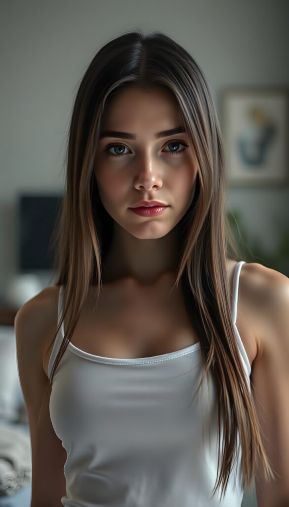a well busty woman in a plain white push up tank top made of fine wool, deep neck, long straight brown hair, apartment in backdrop
