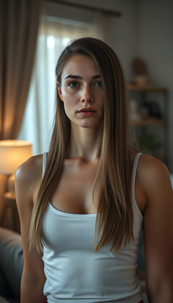 a well busty woman in a plain white push up tank top made of fine wool, deep neck, long straight brown hair, apartment in backdrop