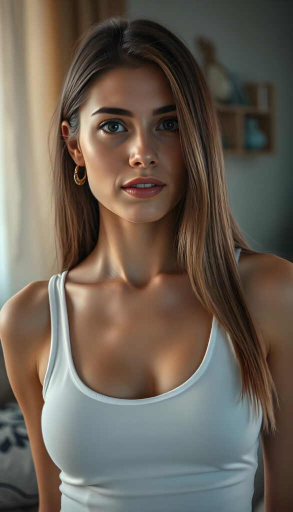 a well busty woman in a plain white push up tank top made of fine wool, deep neck, long straight brown hair, apartment in backdrop
