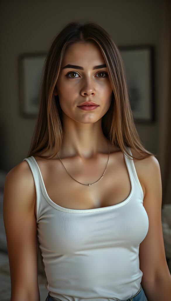 a well busty woman in a plain white push up tank top made of fine wool, deep neck, long straight brown hair, apartment in backdrop