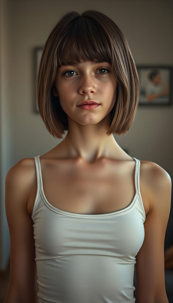 a well busty woman in a plain white push up tank top made of fine wool, deep neck, straight brown hair in bob cut, apartment in backdrop