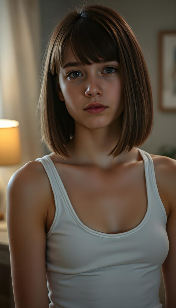 a well busty woman in a plain white push up tank top made of fine wool, deep neck, straight brown hair in bob cut, apartment in backdrop