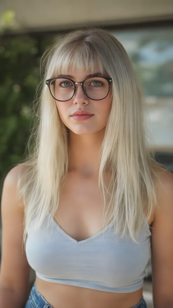a well busty young nerd girl with long, platinum white and blond shoulder-length jet soft flowing and straight hair same length right and left, wearing a large, dark prescription glasses. She has bangs that are parted to the side. Her eyes are light green, full plump red lips, she wears a short form-fitting cropped light blue tank top with a deep v-neck that support and emphasizes her perfect body, wears blue short denim jeans pants, ((sunny background)) ((gorgeous)) ((stunning)) ((perfect portrait)), all against a sunny green backdrop in school