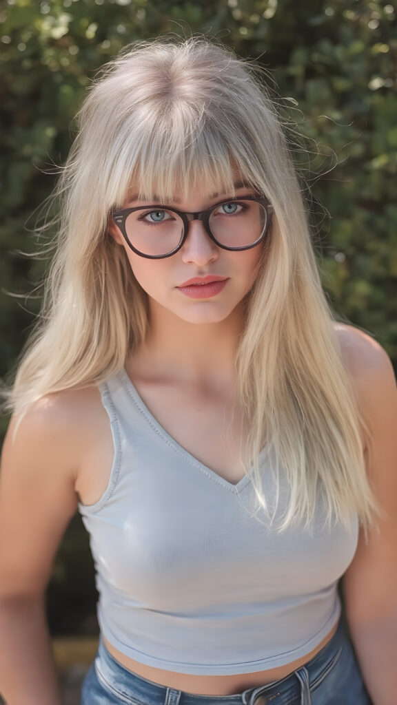 a well busty young nerd girl with long, platinum white and blond shoulder-length jet soft flowing and straight hair same length right and left, wearing a large, dark prescription glasses. She has bangs that are parted to the side. Her eyes are light green, full plump red lips, she wears a short form-fitting cropped light blue tank top with a deep v-neck that support and emphasizes her perfect body, wears blue short denim jeans pants, ((sunny background)) ((gorgeous)) ((stunning)) ((perfect portrait)), all against a sunny green backdrop in school