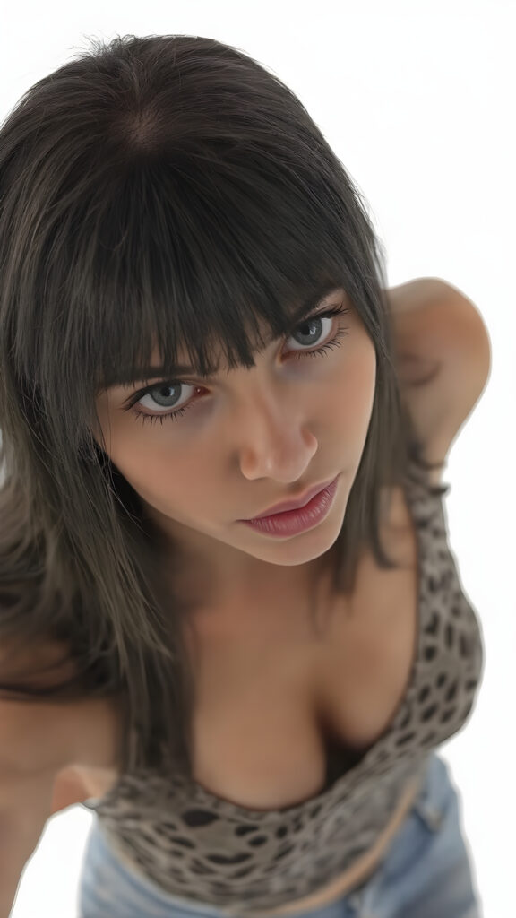 a well busty young teen girl, straight soft ((black jet hair)), short cropped leopard top in camouflage, deep v-neck, fit body, detailed and realistic, white backdrop, view from above and she looks up seductive to viewer
