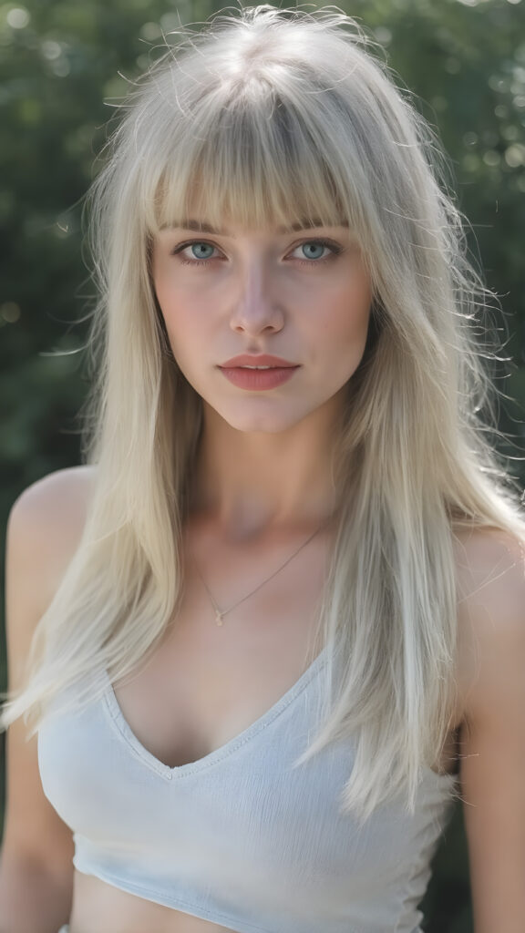 a well busty young babe girl with long, platinum white shoulder-length jet soft flowing and straight hair same length right and left. She has bangs that are parted to the side. Her eyes are light green, full red lips, slightly open mouth, white teeth, she wears a short form-fitting cropped light blue tank top with a deep v-neck that support and emphasizes her perfect body, wears blue short denim jeans pants, ((sunny background)) ((gorgeous)) ((stunning)) ((perfect portrait)), all against a sunny green backdrop
