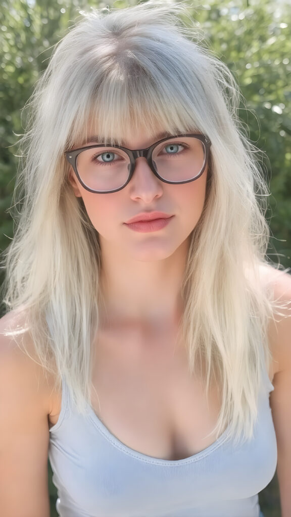 a well busty young nerd girl with long, platinum white and blond shoulder-length jet soft flowing and straight hair same length right and left, wearing a large, dark prescription glasses. She has bangs that are parted to the side. Her eyes are light green, full plump red lips, she wears a short form-fitting cropped light blue tank top with a deep v-neck that support and emphasizes her perfect body, wears blue short denim jeans pants, ((sunny background)) ((gorgeous)) ((stunning)) ((perfect portrait)), all against a sunny green backdrop in school