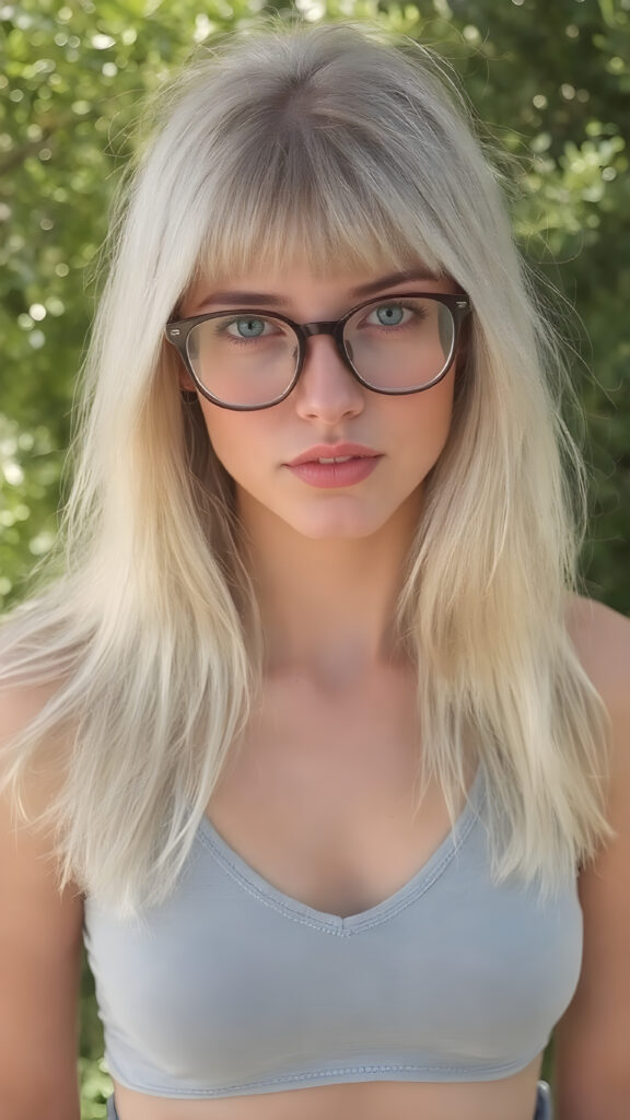 a well busty young nerd girl with long, platinum white and blond shoulder-length jet soft flowing and straight hair same length right and left, wearing a large, dark prescription glasses. She has bangs that are parted to the side. Her eyes are light green, full plump red lips, she wears a short form-fitting cropped light blue tank top with a deep v-neck that support and emphasizes her perfect body, wears blue short denim jeans pants, ((sunny background)) ((gorgeous)) ((stunning)) ((perfect portrait)), all against a sunny green backdrop in school