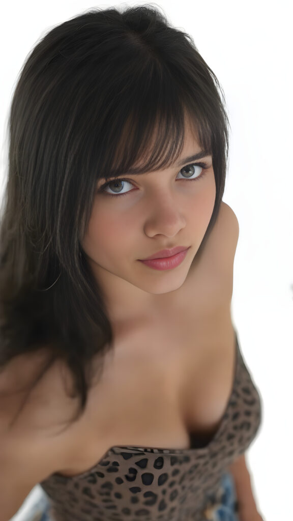 a well busty young teen girl, straight soft ((black jet hair)), short cropped leopard top in camouflage, deep v-neck, fit body, detailed and realistic, white backdrop, view from above and she looks up seductive to viewer