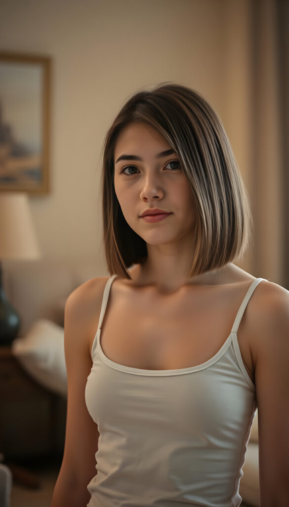 a well busty woman in a plain white push up tank top made of fine wool, deep neck, straight brown hair in bob cut, apartment in backdrop