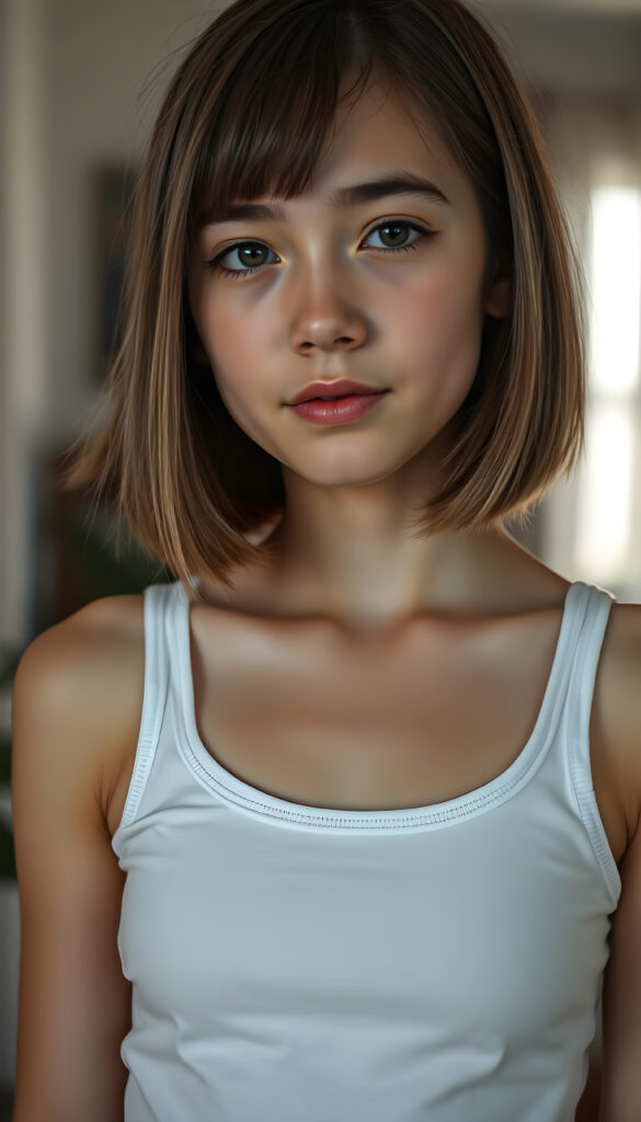 a well busty woman in a plain white push up tank top made of fine wool, deep neck, straight brown hair in bob cut, apartment in backdrop