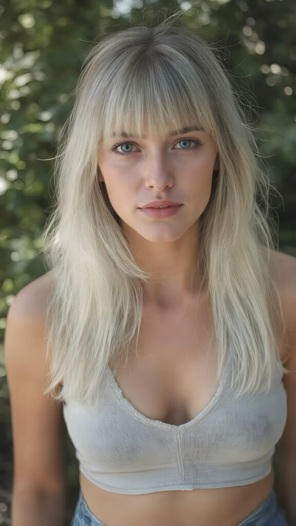 a well busty young babe girl with long, platinum white shoulder-length jet soft flowing and straight hair same length right and left. She has bangs that are parted to the side. Her eyes are light green, full red lips, slightly open mouth, white teeth, she wears a short form-fitting cropped light blue tank top with a deep v-neck that support and emphasizes her perfect body, wears blue short denim jeans pants, ((sunny background)) ((gorgeous)) ((stunning)) ((perfect portrait)), all against a sunny green backdrop