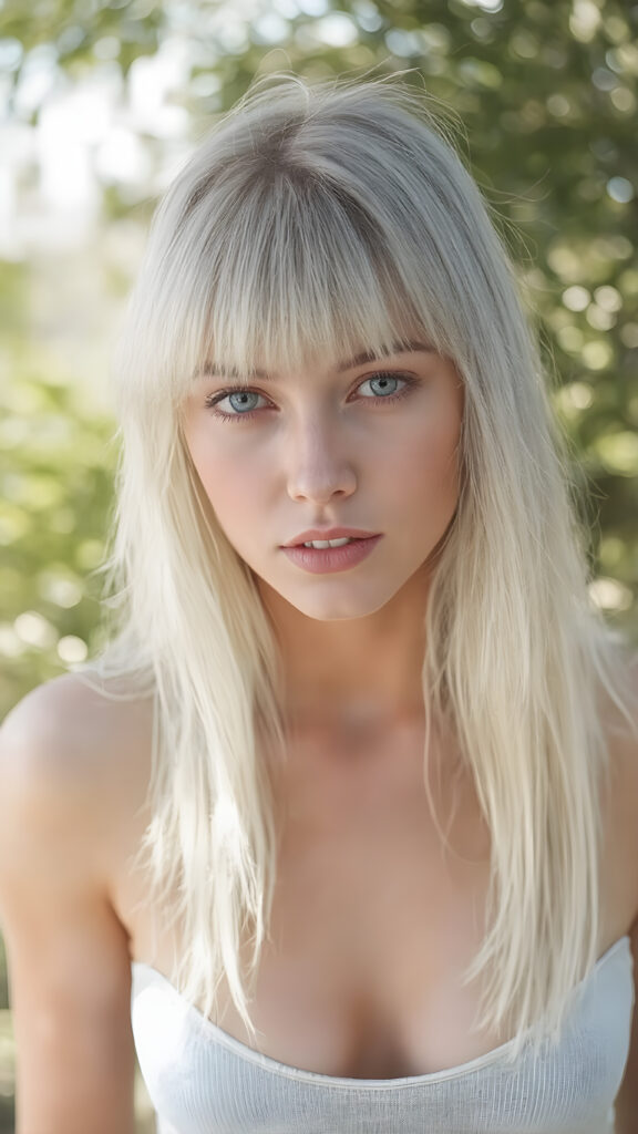 a well busty young babe girl with long, platinum white shoulder-length jet soft flowing and straight hair same length right and left. She has bangs that are parted to the side. Her eyes are light green, full red lips, slightly open mouth, white teeth, she wears a short form-fitting cropped light blue tank top with a deep v-neck that support and emphasizes her perfect body, wears blue short denim jeans pants, ((sunny background)) ((gorgeous)) ((stunning)) ((perfect portrait)), all against a sunny green backdrop