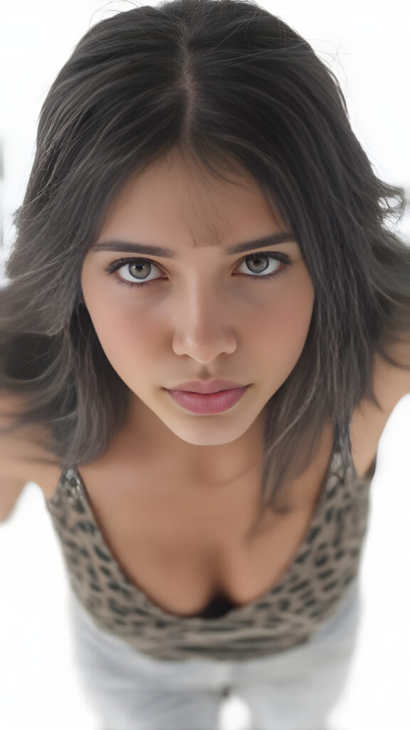 a well busty young teen girl, straight soft ((black jet hair)), short cropped leopard top in camouflage, deep v-neck, fit body, detailed and realistic, white backdrop, view from above and she looks up seductive to viewer