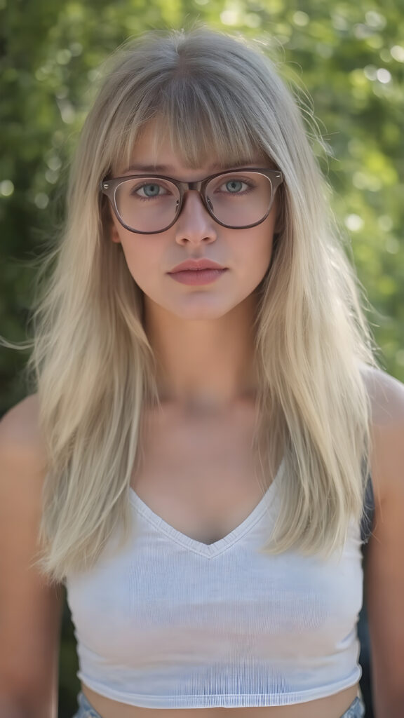a well busty young nerd girl with long, platinum white and blond shoulder-length jet soft flowing and straight hair same length right and left, wearing a large, dark prescription glasses. She has bangs that are parted to the side. Her eyes are light green, full plump red lips, she wears a short form-fitting cropped light blue tank top with a deep v-neck that support and emphasizes her perfect body, wears blue short denim jeans pants, ((sunny background)) ((gorgeous)) ((stunning)) ((perfect portrait)), all against a sunny green backdrop in school