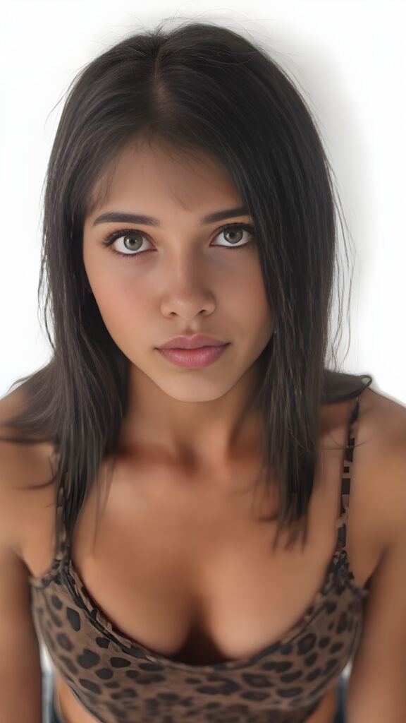a well busty young teen girl, straight soft ((black jet hair)), short cropped leopard top in camouflage, deep v-neck, fit body, detailed and realistic, white backdrop, view from above and she looks up seductive to viewer