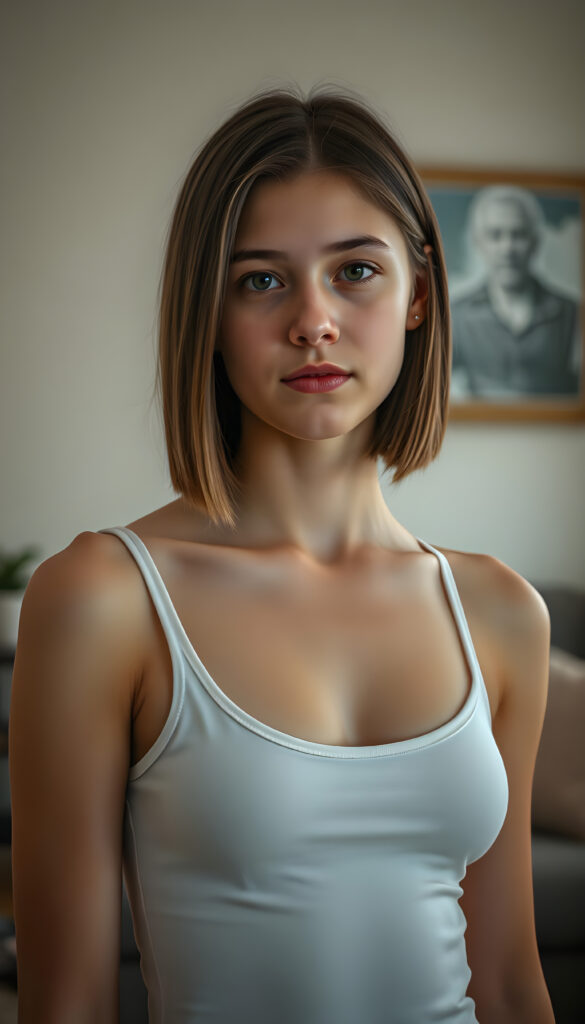 a well busty woman in a plain white push up tank top made of fine wool, deep neck, straight brown hair in bob cut, apartment in backdrop