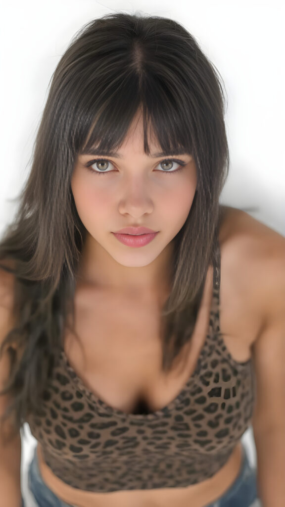 a well busty young teen girl, straight soft ((black jet hair)), short cropped leopard top in camouflage, deep v-neck, fit body, detailed and realistic, white backdrop, view from above and she looks up seductive to viewer