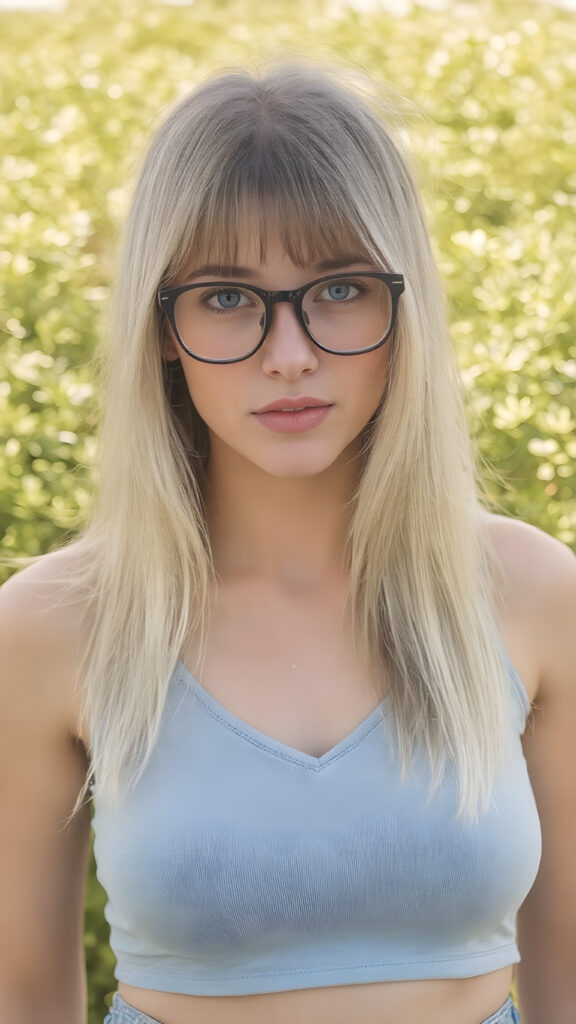a well busty young nerd girl with long, platinum white and blond shoulder-length jet soft flowing and straight hair same length right and left, wearing a large, dark prescription glasses. She has bangs that are parted to the side. Her eyes are light green, full plump red lips, she wears a short form-fitting cropped light blue tank top with a deep v-neck that support and emphasizes her perfect body, wears blue short denim jeans pants, ((sunny background)) ((gorgeous)) ((stunning)) ((perfect portrait)), all against a sunny green backdrop in school