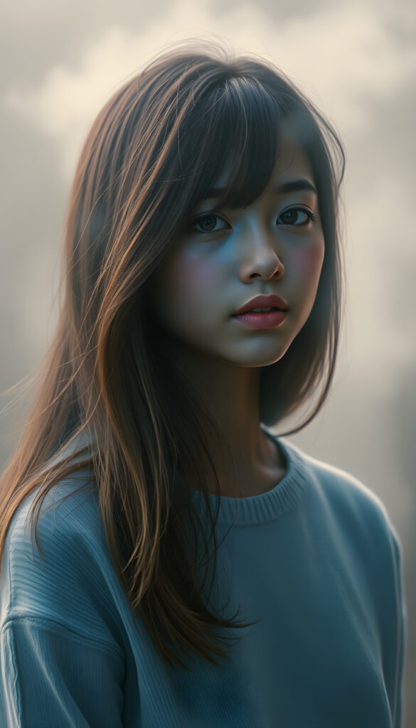 a whimsically illustrated (brown-skinned teen emo girl) with cascading, gently waving (straight hair) framed by playful side bangs, illuminated by a mesmerizing iridescent light blue complexion that subtly glimmers, her eyes reflecting a profound sense of melancholy and emotional detachment, surrounded by ethereal wisps of fog that dance in the softly fogy (backdrop), reminiscent of a surreal dreamscape, hinting at an otherworldly atmosphere, she wears a light blue sweater made of super fine wool
