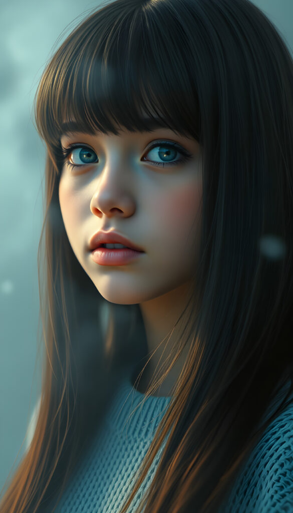 a whimsically illustrated (brown-skinned teen emo girl) with cascading, gently waving (straight hair) framed by playful side bangs, illuminated by a mesmerizing iridescent light blue complexion that subtly glimmers, her eyes reflecting a profound sense of melancholy and emotional detachment, surrounded by ethereal wisps of fog that dance in the softly fogy (backdrop), reminiscent of a surreal dreamscape, hinting at an otherworldly atmosphere, she wears a light blue sweater made of super fine wool